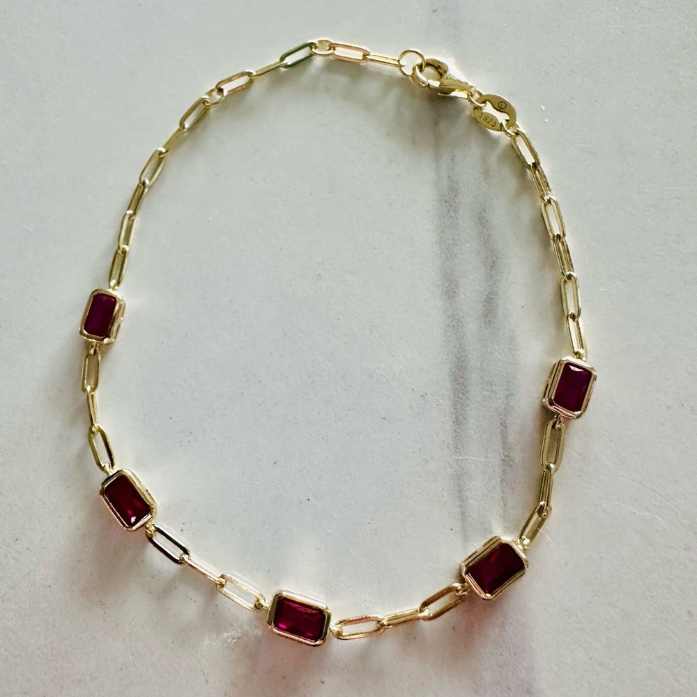 Gold Over 925 Silver Paperclip Link and CZ Rubies Bracelet